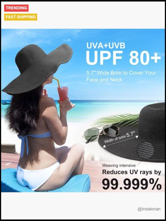 Wide Brim Straw Floppy Beach Sun Hat UPF 50+ Foldable with Detachable Wind main image 6